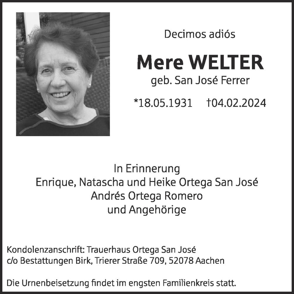  Traueranzeige für Mere Welter vom 11.02.2024 aus Zeitung am Sonntag