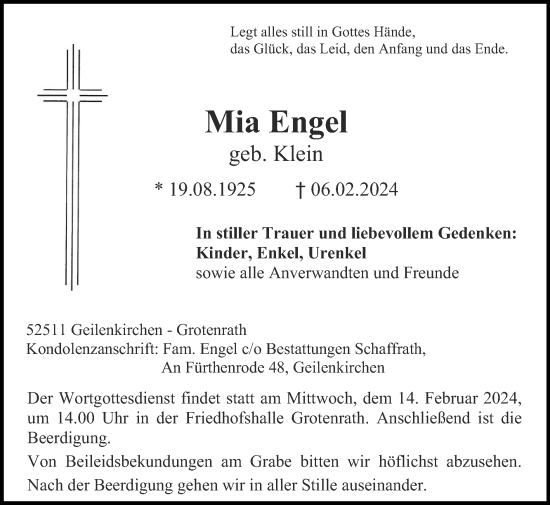 Traueranzeige von Mia Engel von Zeitung am Sonntag