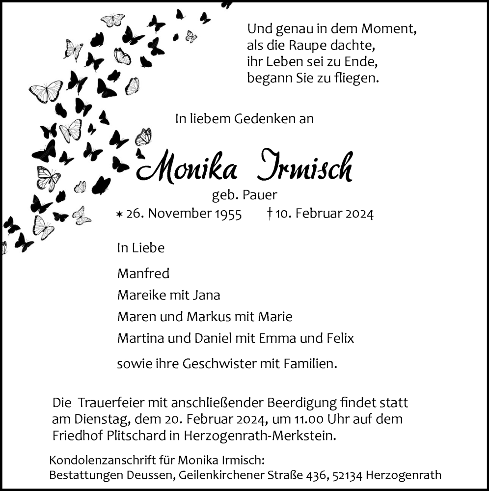  Traueranzeige für Monika Irmisch vom 18.02.2024 aus Zeitung am Sonntag