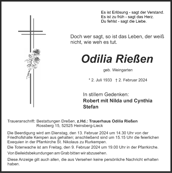 Traueranzeige von Odilia Rießen von Zeitung am Sonntag