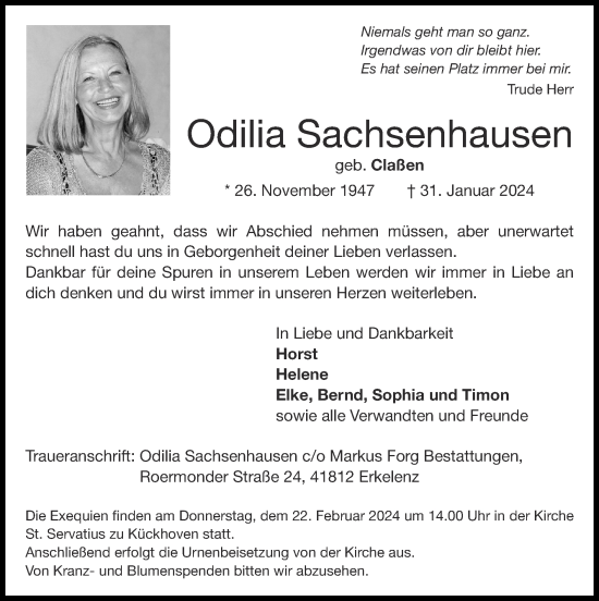 Traueranzeige von Odilia Sachsenhausen von Zeitung am Sonntag