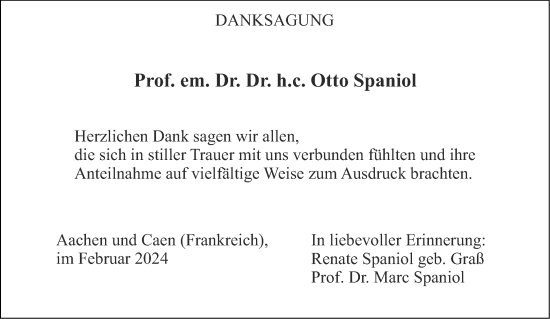Traueranzeige von Otto Spaniol von Aachener Zeitung