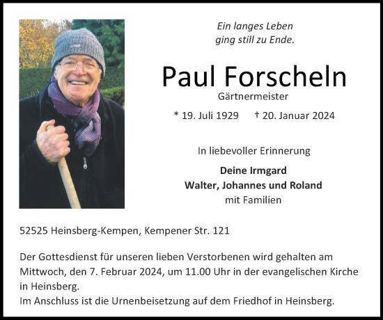 Traueranzeige von Paul Forscheln von Zeitung am Sonntag