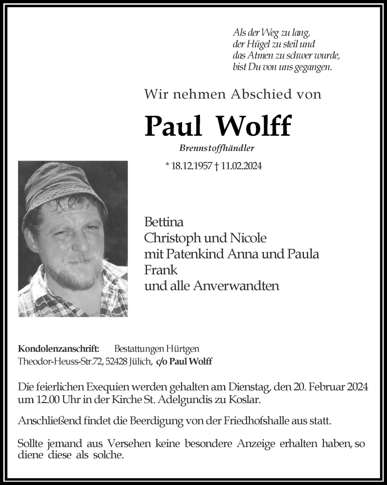  Traueranzeige für Paul Wolff vom 18.02.2024 aus Zeitung am Sonntag