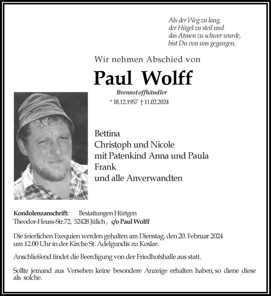  Traueranzeige für Paul Wolff vom 17.02.2024 aus Aachener Zeitung