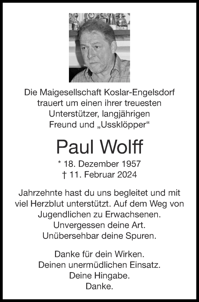  Traueranzeige für Paul Wolff vom 18.02.2024 aus Zeitung am Sonntag