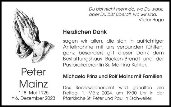 Traueranzeige von Peter Mainz von Zeitung am Sonntag