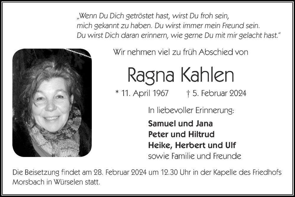  Traueranzeige für Ragna Kahlen vom 25.02.2024 aus Zeitung am Sonntag