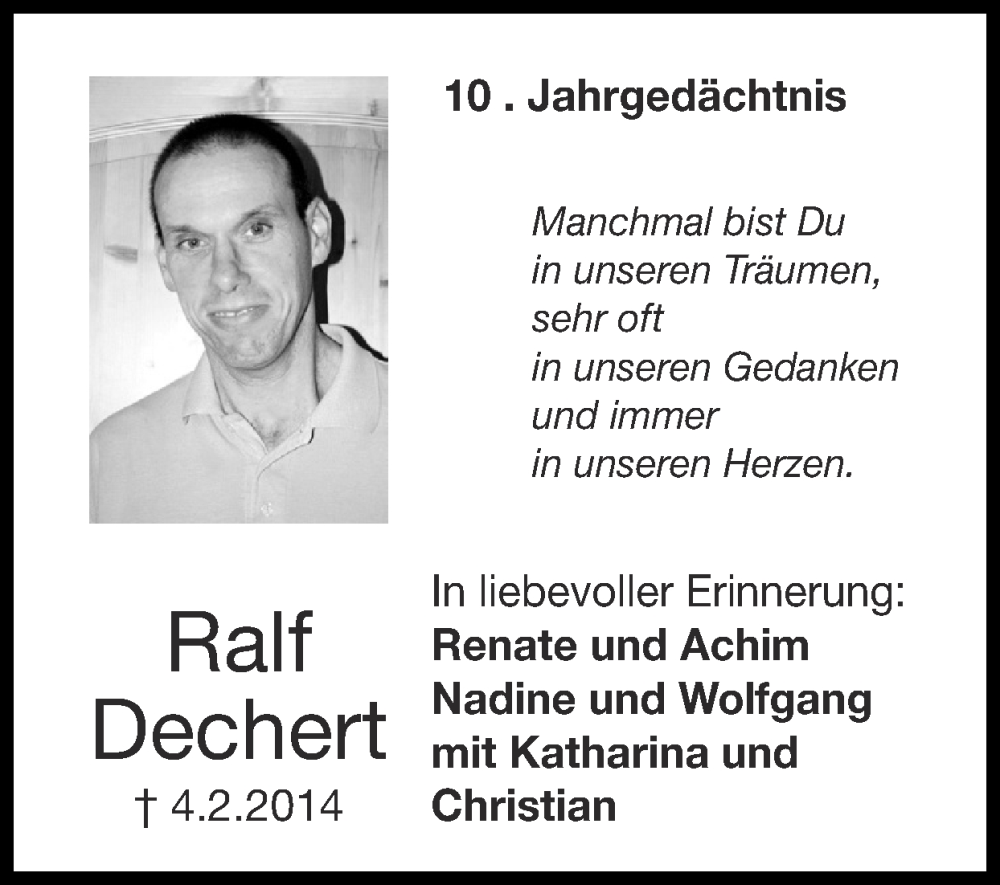  Traueranzeige für Ralf Dechert vom 04.02.2024 aus Zeitung am Sonntag
