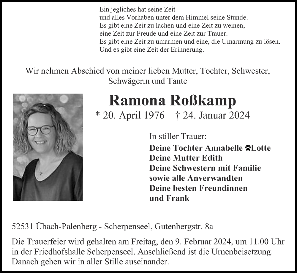  Traueranzeige für Ramona Roßkamp vom 04.02.2024 aus Zeitung am Sonntag