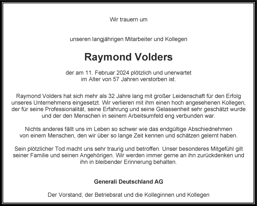  Traueranzeige für Raymond Volders vom 17.02.2024 aus Aachener Zeitung