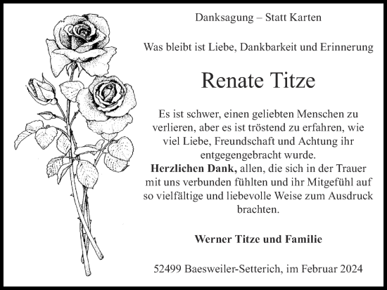 Traueranzeige von Renate Titze von Zeitung am Sonntag