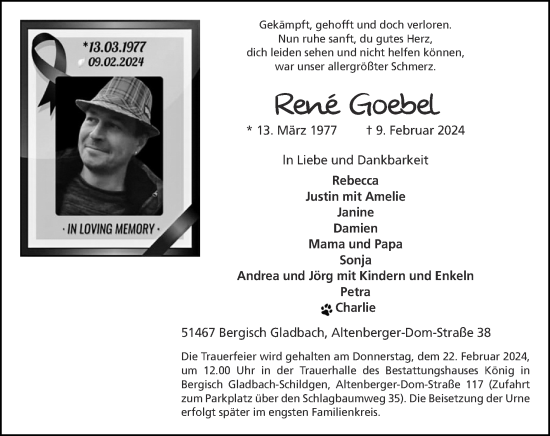 Traueranzeige von René Goebel von Zeitung am Sonntag