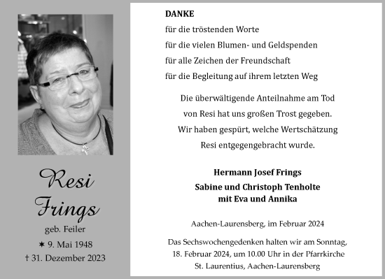 Traueranzeige von Resi Frings von Aachener Zeitung