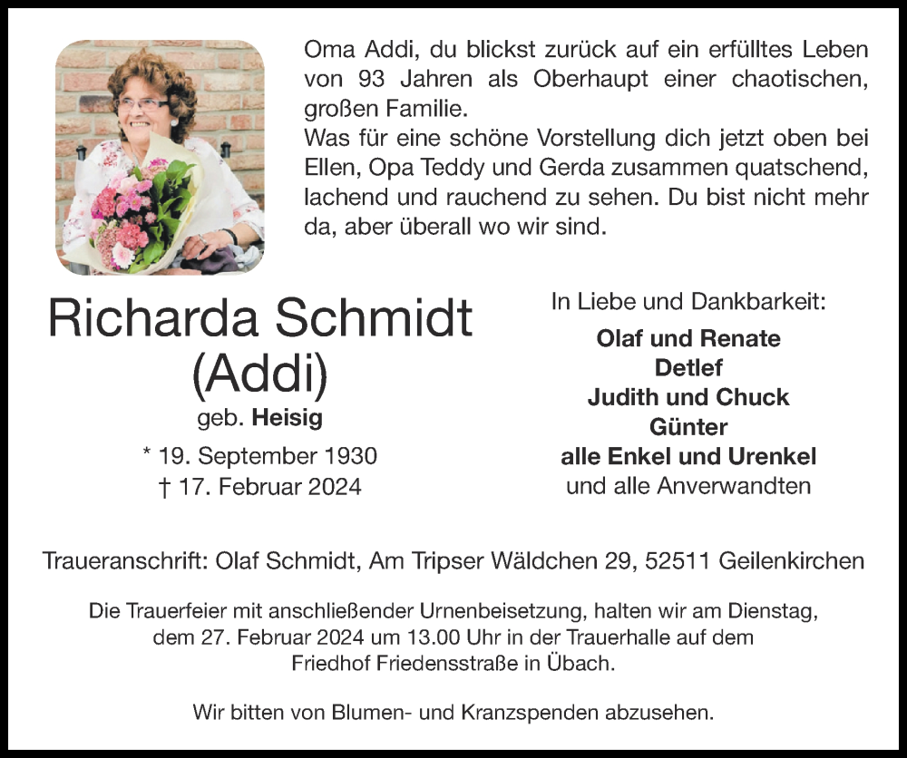  Traueranzeige für Richarda Schmidt vom 25.02.2024 aus Zeitung am Sonntag