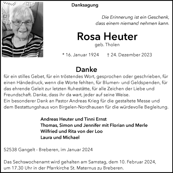 Traueranzeige von Rosa Heuter von Zeitung am Sonntag