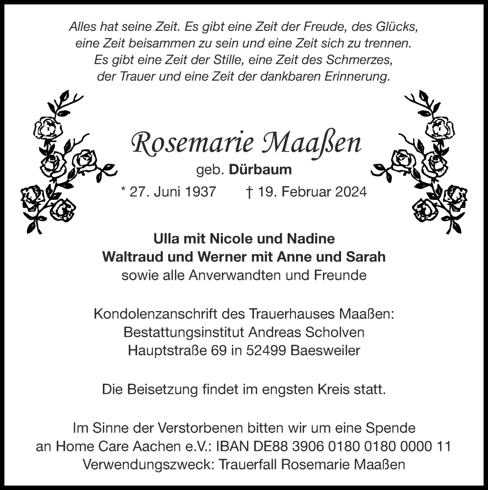  Traueranzeige für Rosemarie Maaßen vom 25.02.2024 aus Zeitung am Sonntag