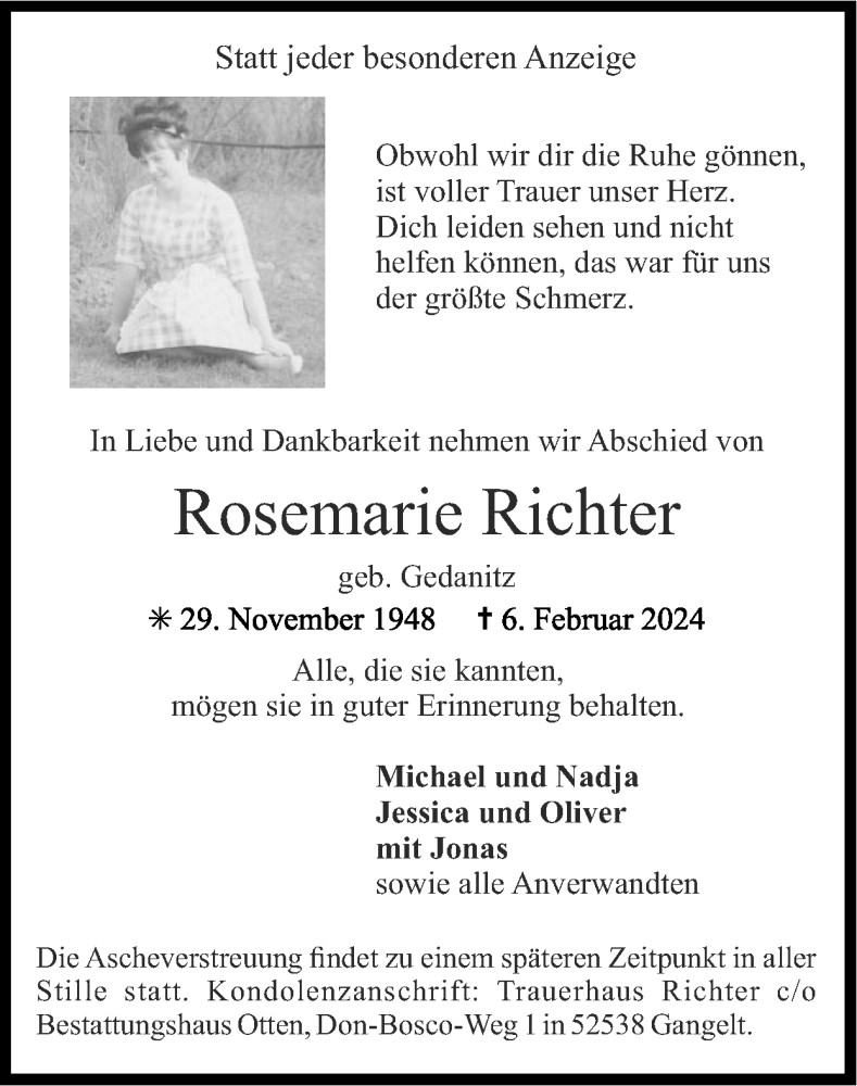  Traueranzeige für Rosemarie Richter vom 18.02.2024 aus Zeitung am Sonntag