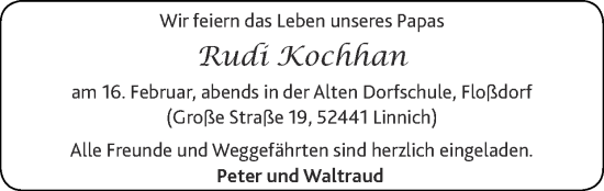 Traueranzeige von Rudi Kochhan von Zeitung am Sonntag
