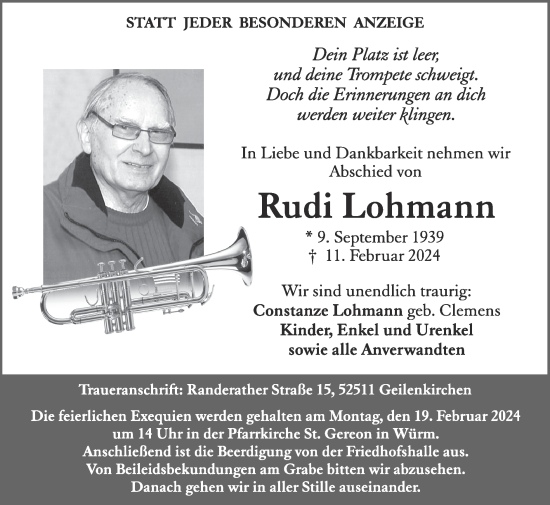 Traueranzeige von Rudi Lohmann von Zeitung am Sonntag