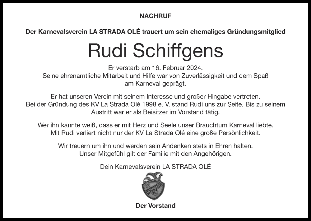  Traueranzeige für Rudi Schiffgens vom 25.02.2024 aus Zeitung am Sonntag