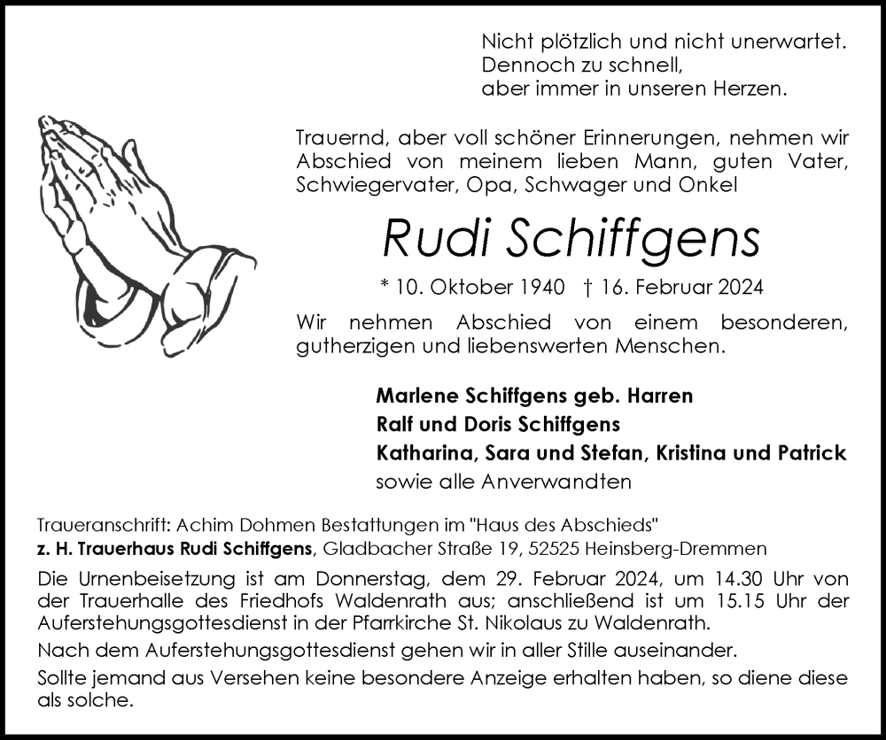  Traueranzeige für Rudi Schiffgens vom 25.02.2024 aus Zeitung am Sonntag