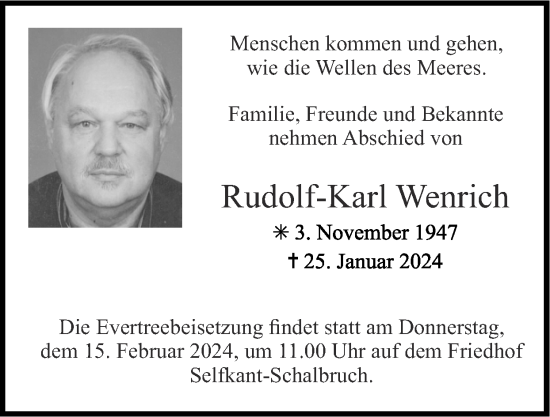 Traueranzeige von Rudolf-Karl Wenrich von Zeitung am Sonntag