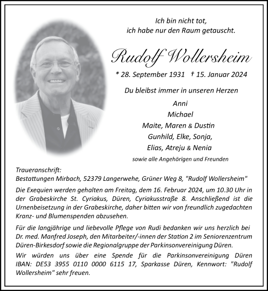 Traueranzeige von Rudolf Wollersheim von Zeitung am Sonntag