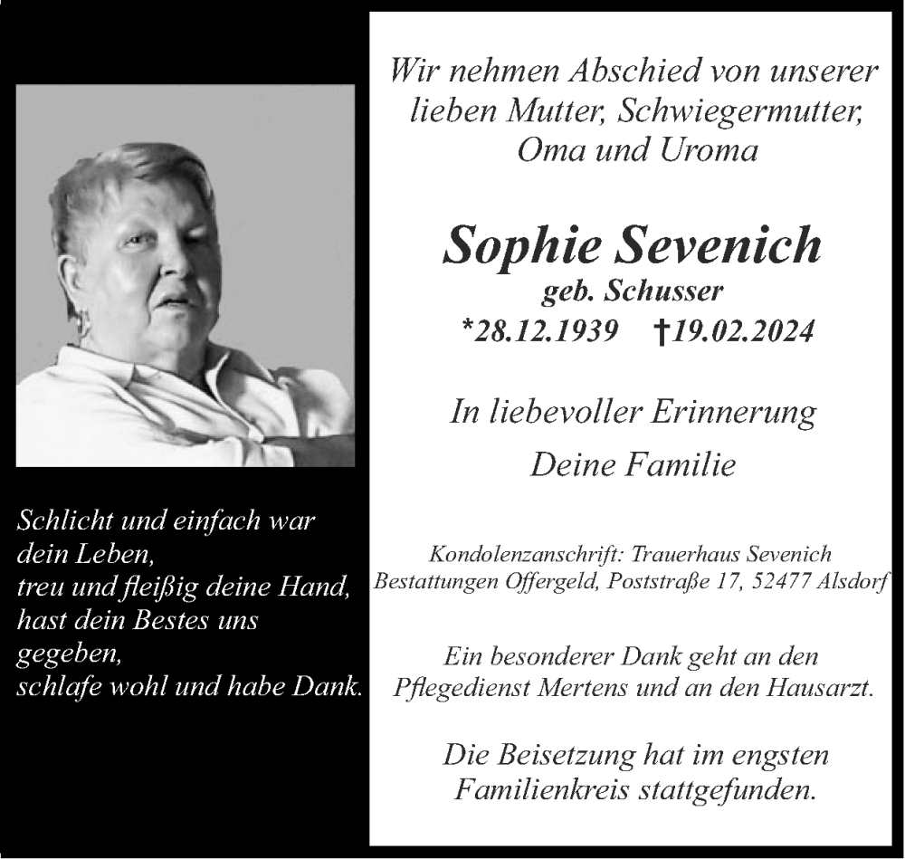  Traueranzeige für Sophie Sevenich vom 25.02.2024 aus Zeitung am Sonntag