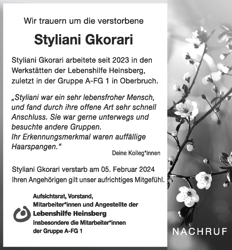  Traueranzeige für Styliani Gkorari vom 25.02.2024 aus Zeitung am Sonntag
