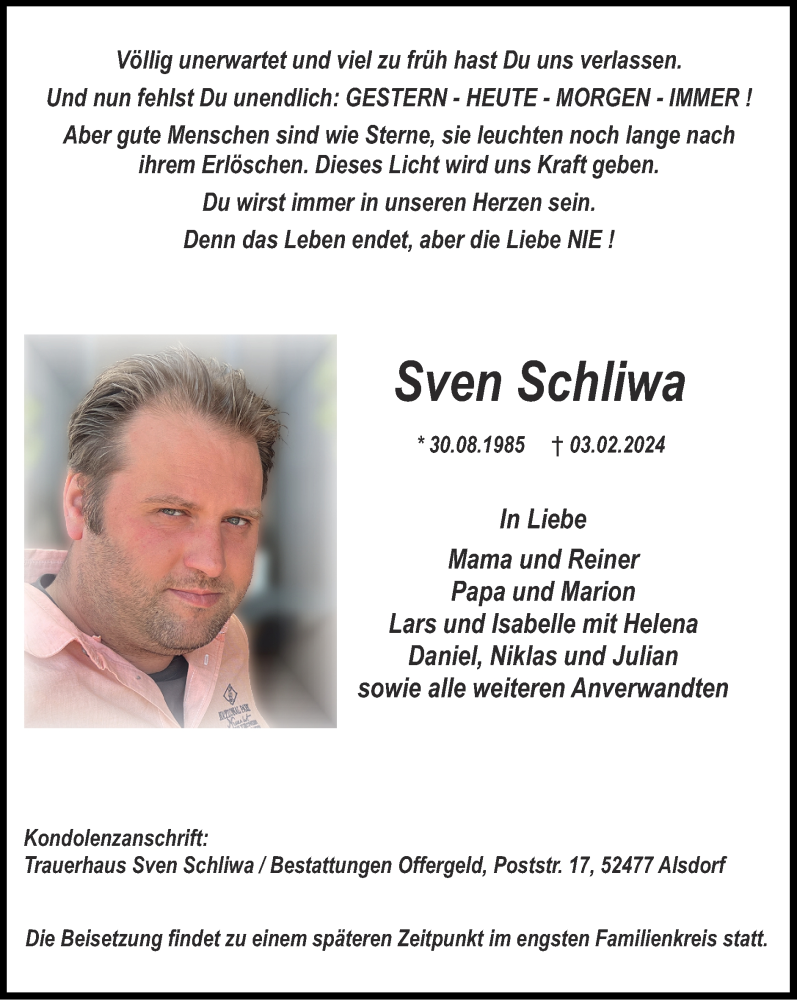 Traueranzeige für Sven Schliwa vom 18.02.2024 aus Zeitung am Sonntag