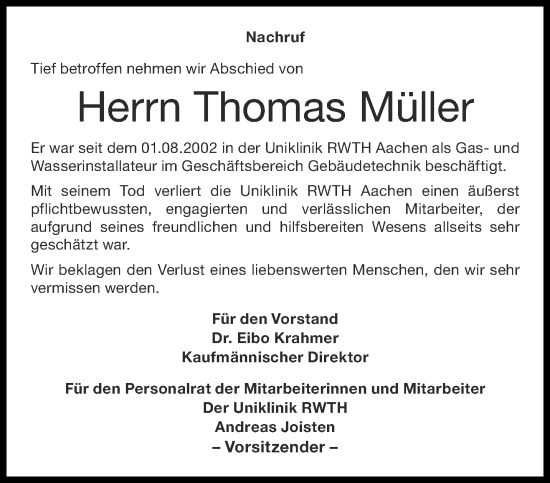 Traueranzeige von Thomas Müller von Aachener Zeitung