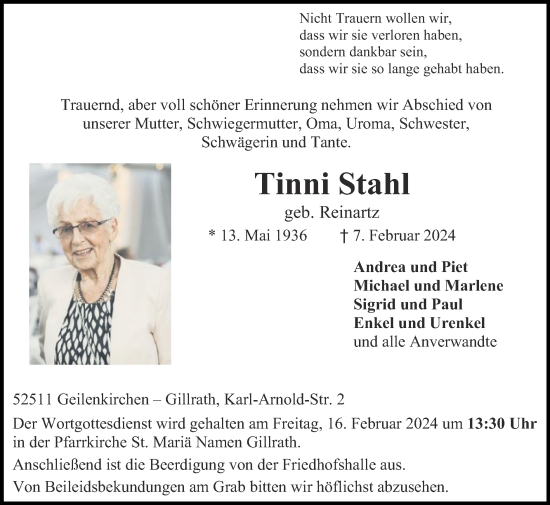 Traueranzeige von Tinni Stahl von Zeitung am Sonntag