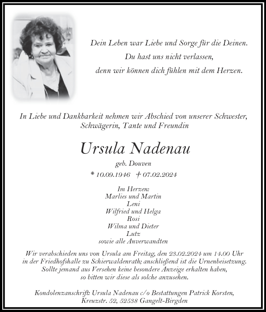  Traueranzeige für Ursula Nadenau vom 18.02.2024 aus Zeitung am Sonntag