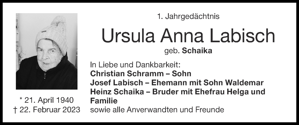  Traueranzeige für Ursula Anna Labisch vom 18.02.2024 aus Zeitung am Sonntag