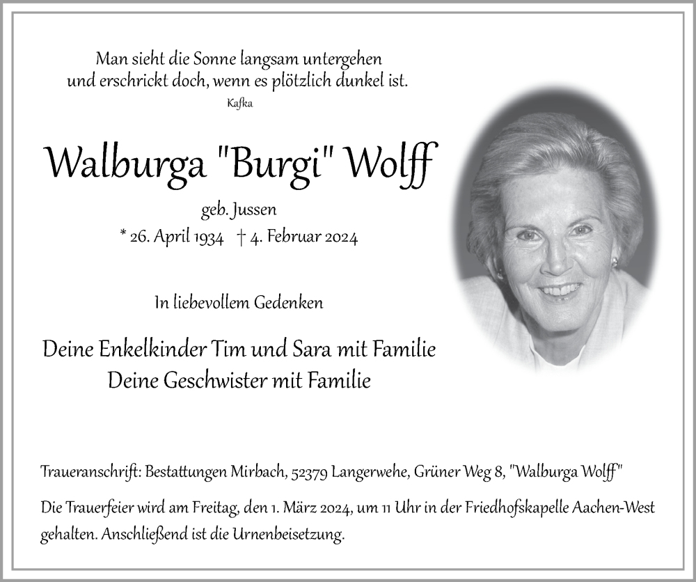  Traueranzeige für Walburga Wolff vom 18.02.2024 aus Zeitung am Sonntag
