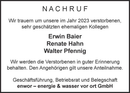 Traueranzeige von Walter Pfennig von Aachener Zeitung