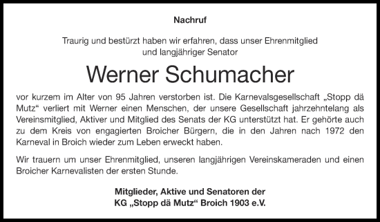 Traueranzeige von Werner Schumacher von Zeitung am Sonntag