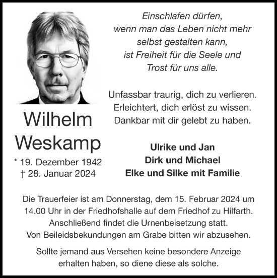 Traueranzeige von Wilhelm Weskamp von Zeitung am Sonntag