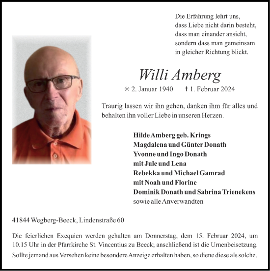 Traueranzeige von Willi Amberg von Zeitung am Sonntag