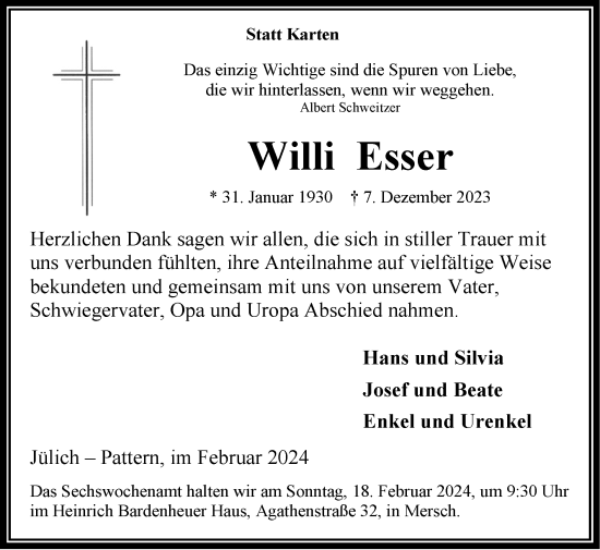 Traueranzeige von Willi Esser von Zeitung am Sonntag