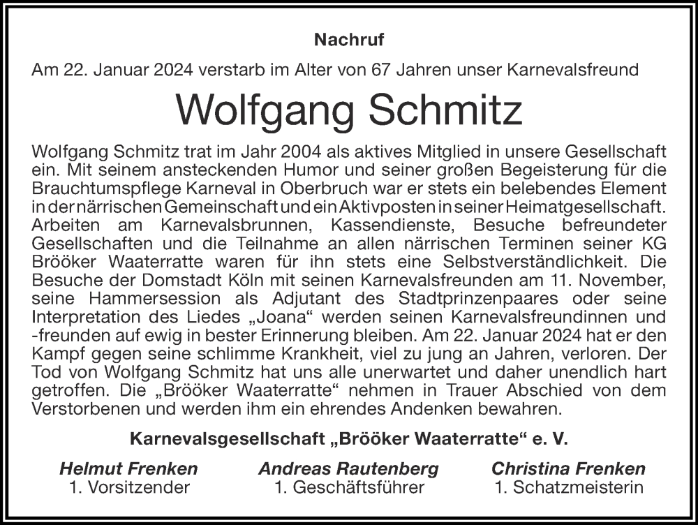  Traueranzeige für Wolfgang Schmitz vom 04.02.2024 aus Zeitung am Sonntag