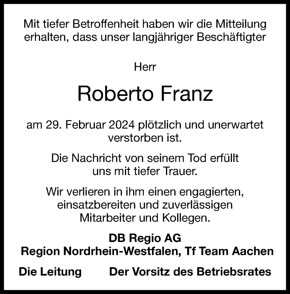  Traueranzeige für Roberto Franz vom 17.03.2024 aus Zeitung am Sonntag