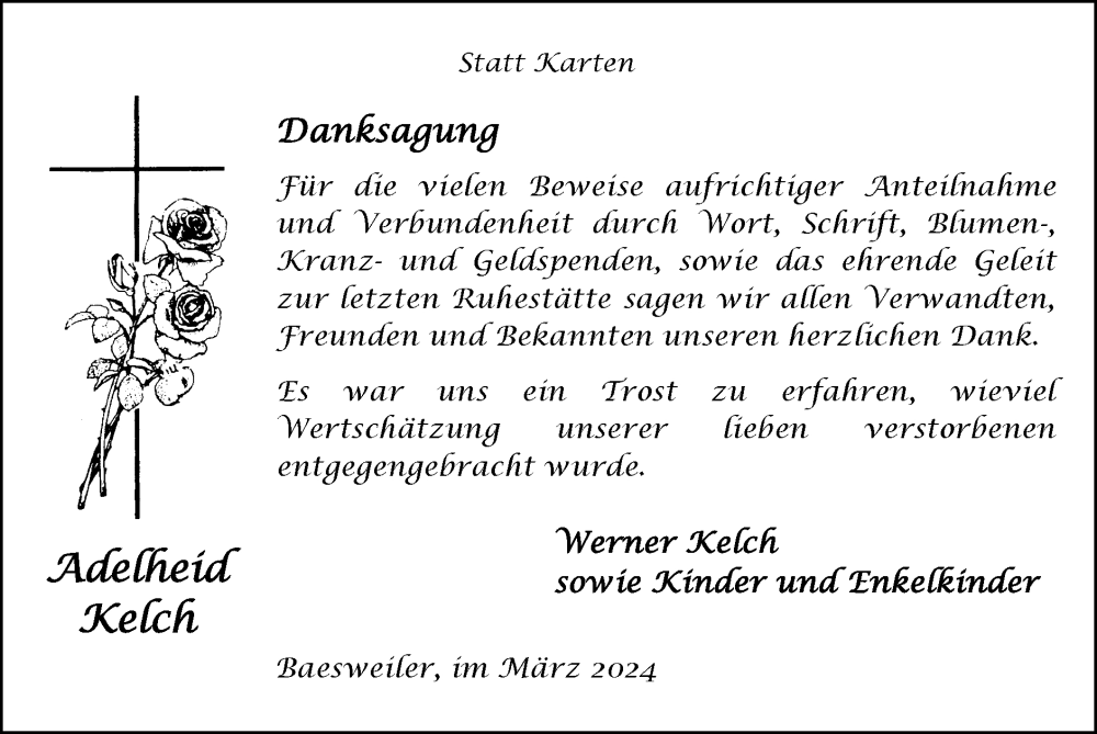  Traueranzeige für Adelheid Kelch vom 10.03.2024 aus Zeitung am Sonntag