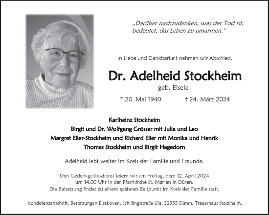 Traueranzeige von Adelheid Stockheim von Aachener Zeitung