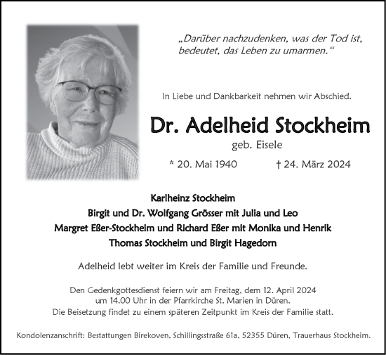 Traueranzeige von Adelheid Stockheim von Zeitung am Sonntag