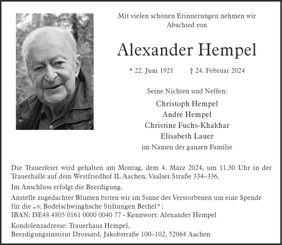 Traueranzeige von Alexander Hempel von Aachener Zeitung