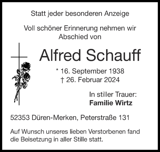 Traueranzeige von Alfred Schauff von Zeitung am Sonntag