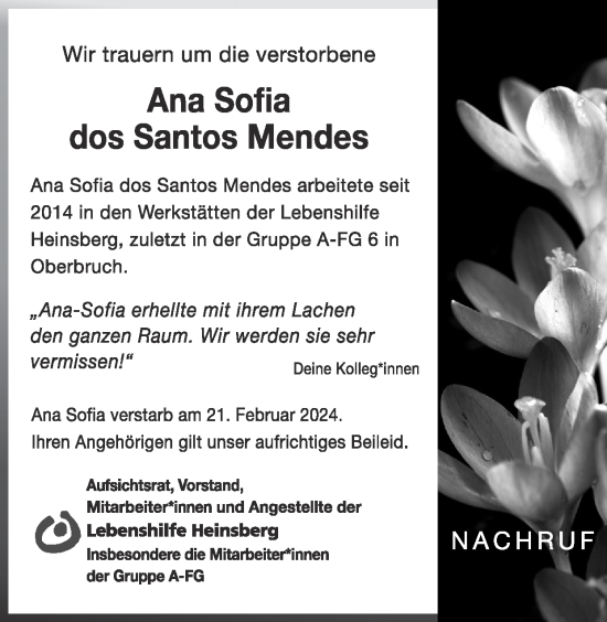 Traueranzeige von Ana Sofia dos Santos Mendes von Zeitung am Sonntag