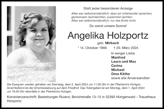 Traueranzeige von Angelika Holzportz von Zeitung am Sonntag